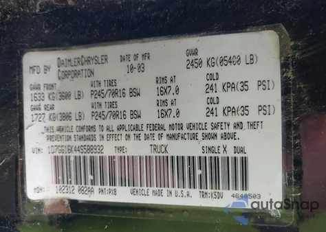 2004 Dodge Dakota from USA, damaged, VIN 1D7GG16K44S588932